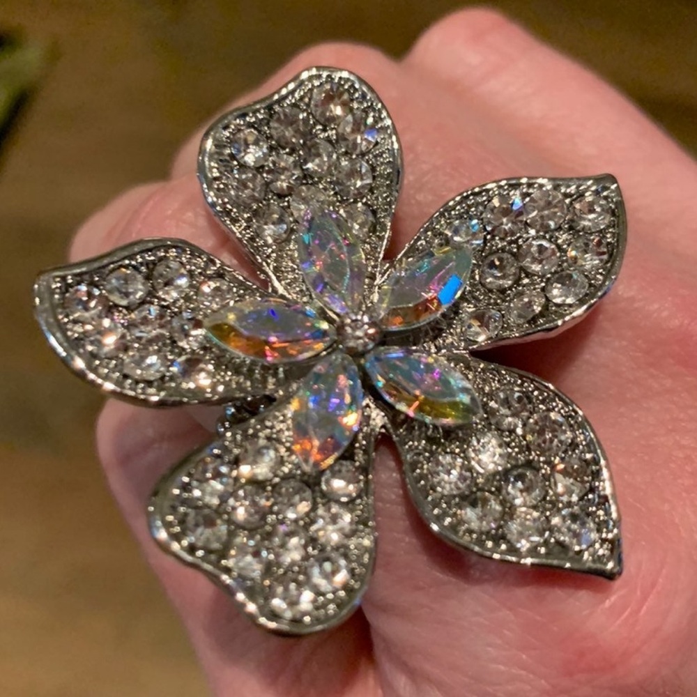 Vintage large flower AB & crystal silver tone adjustable statement ring
